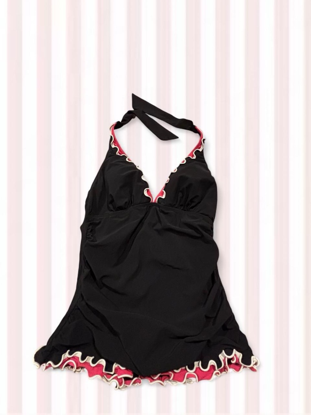 Profile By Gottex Black Halter Swim Top with Pink & Cream Ruffle Trim